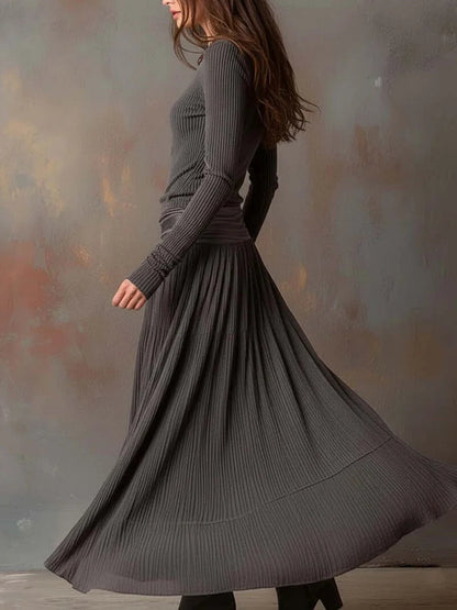 Retro grey ribbed stretch slim-fit dress
