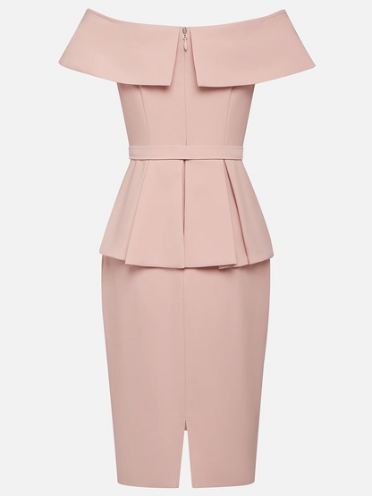 Pink 3D Floral Peplum Off The Shoulder Short Sleeve Sheath Midi Dress