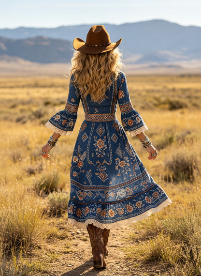 Women's Western Cowboy Cotton Boho Floral Print Midi Dress With Lace Trim And Bell Sleeves