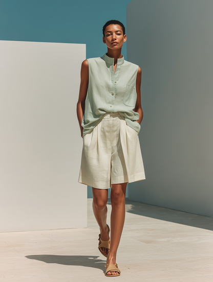 Women’s Mint Green Sleeveless Stand-Collar Linen Shirt & Beige Pleated Wide-Leg Shorts Two-Piece Set MDZ2848D9T