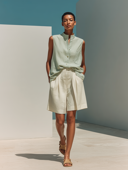 Women’s Mint Green Sleeveless Stand-Collar Linen Shirt & Beige Pleated Wide-Leg Shorts Two-Piece Set MDZ2848D9T