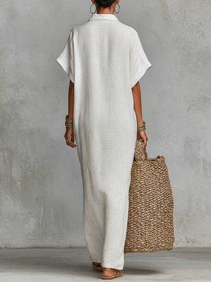 Women's Solid Color Collared Short-sleeved Casual Loose Linen Dress