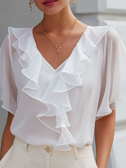 Ruffled V-Neck Sheer Sleeve Blouse