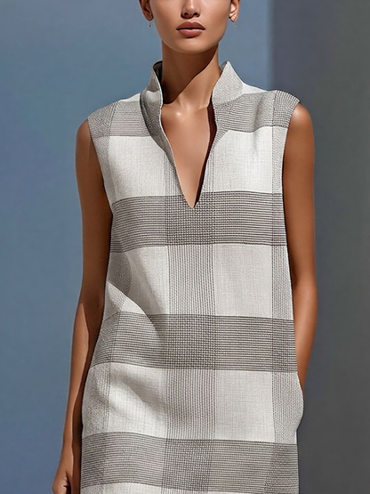 Women’s Grey Plaid Sleeveless Tunic Top & Sheer Chiffon Maxi Skirt Two-Piece Set MDZ2824D9T