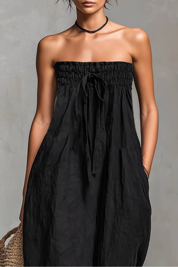 Black Minimalist Loose-fitting Faux Linen-blend Strapless Jumpsuit