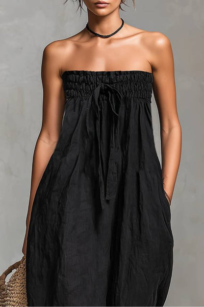 Black Minimalist Loose-fitting Faux Linen-blend Strapless Jumpsuit