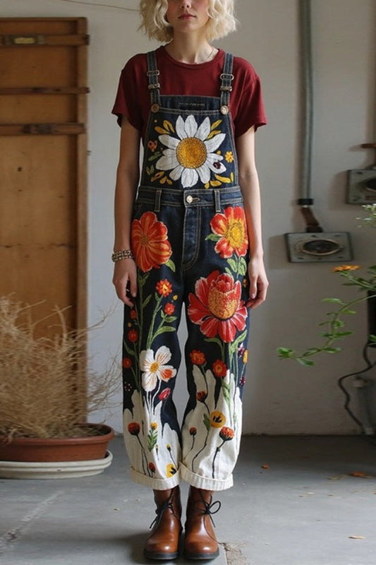 Butterfly-Painted Retro Denim Overalls