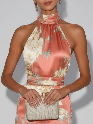 Pink Floral Satin Halter Neck Sleeveless Sheath Midi Dress