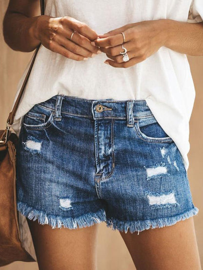 Casual Frayed Hem Denim Shorts