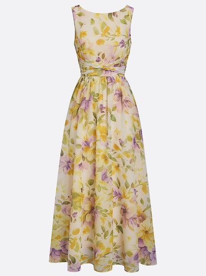 Yellow Floral Ruched Chiffon Boat Neck Sleeveless A-Line Maxi Dress