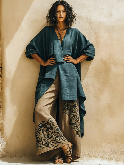 Boho Artistic Cut Long Shirt And Wide-leg Pants Cotton Linen Two-piece Set