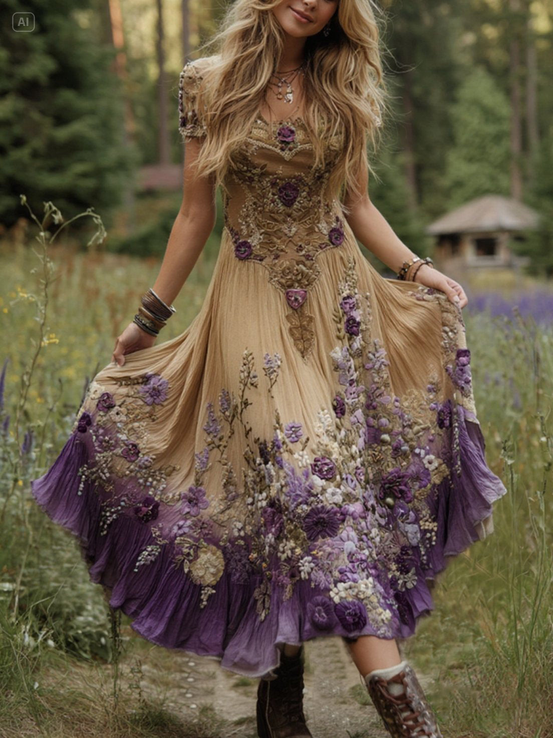 Classy Gradient Purple Lavender And Floral Embroidered Linen Maxi Dress a296