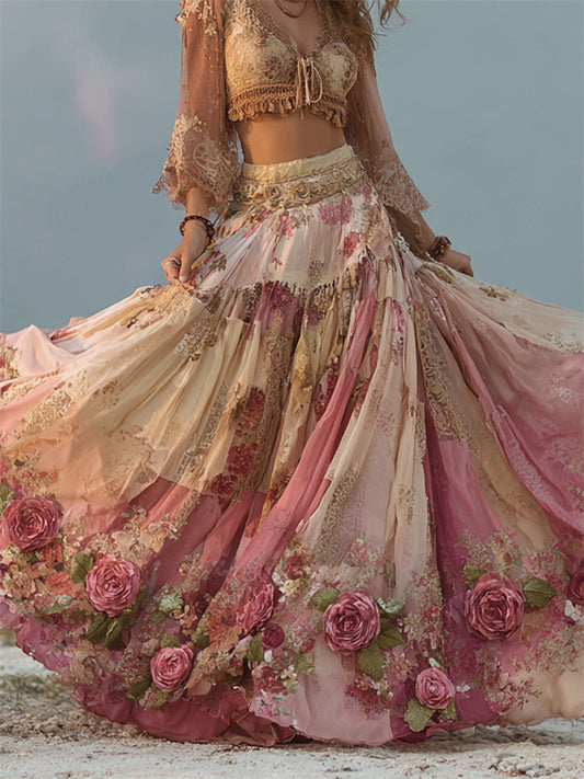Boho Pink Roses Cottagecore Floral Patchwork Flowy Wide Skirt d5cc