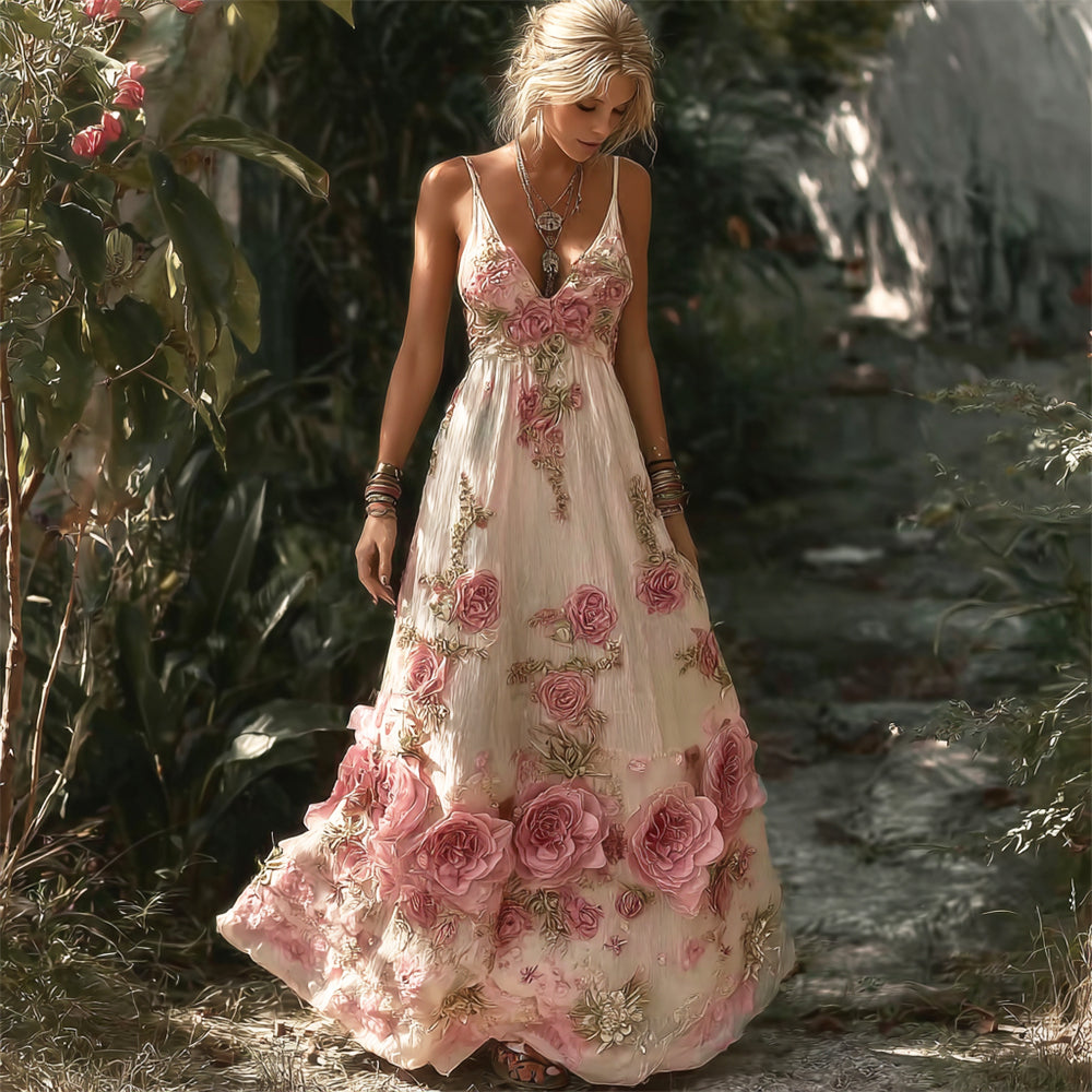 Resort Style Boho Floral Embroidery Women's Linen Spaghetti Strap Maxi Dress
