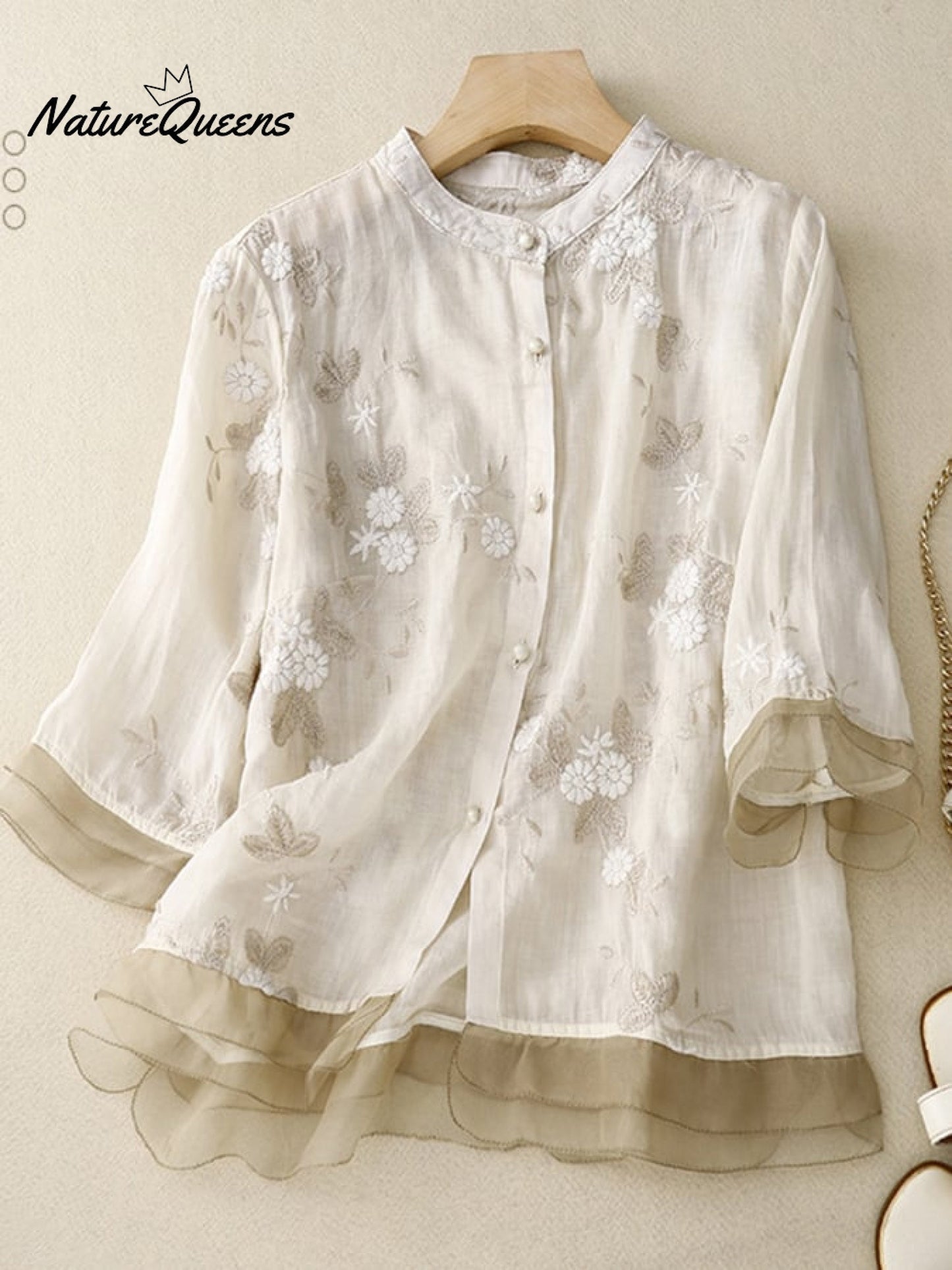 Art Retro Embroidery 3/4 Sleeve Patchwork Shirt