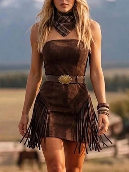 Faux Suede Fringe Dress Women's Western Style Strapless Mini Dress With Belt And Tassel Details