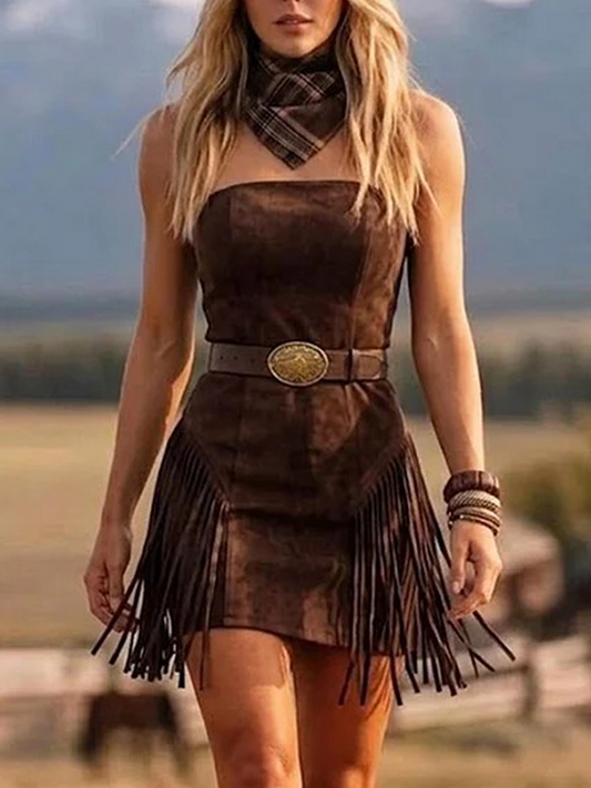 Faux Suede Fringe Dress Women's Western Style Strapless Mini Dress With Belt And Tassel Details