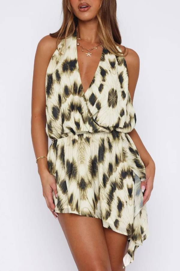 Halter-neck Deep V Irregular Ruffle Romper