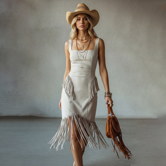 Women's Western Suede Mini Dress — Navy & Cream, Square Neck, Wide Straps, Sleeveless, Fitted Waist, Fringe Hem