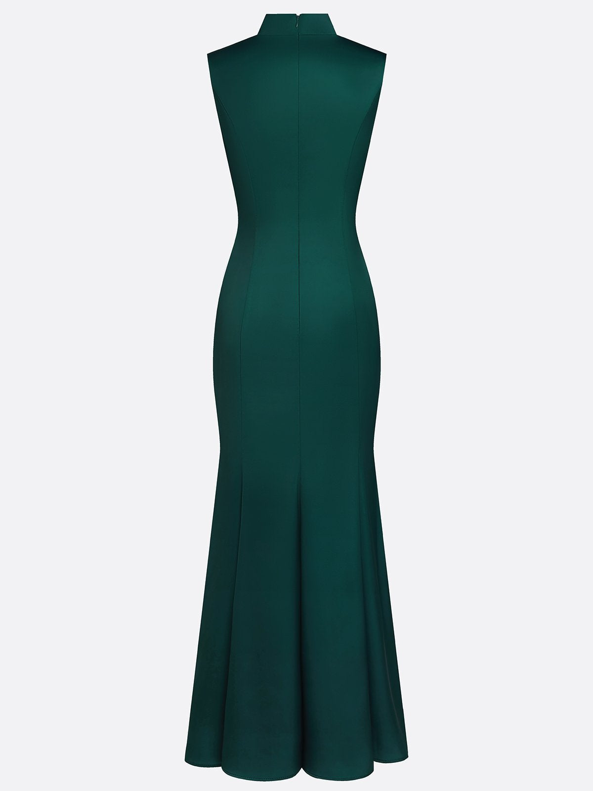 Dark Green Floral Hollow Out Satin Stand Collar Sleeveless Mermaid Gown Dress