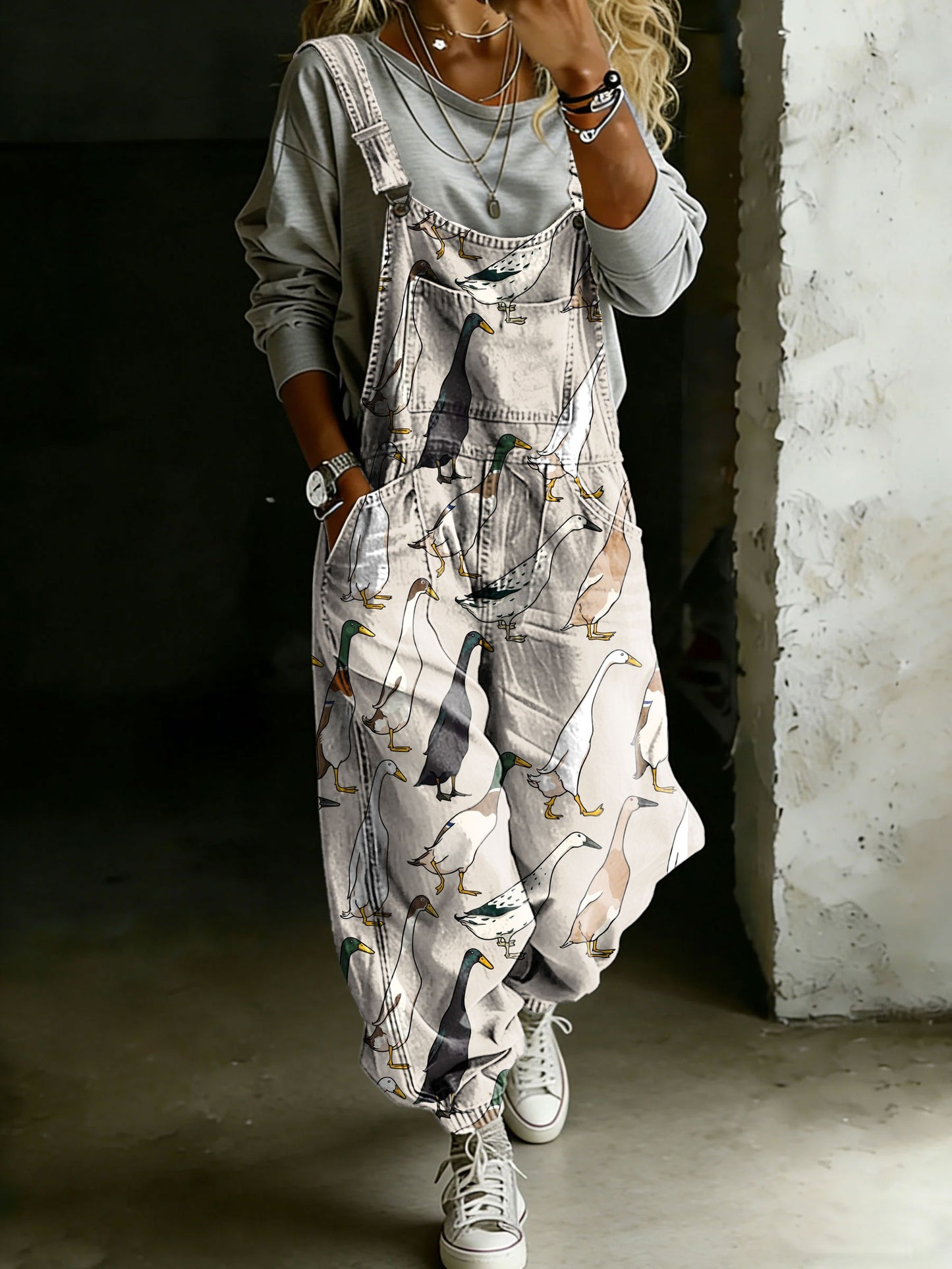 Women’s Duck Farmer Print Casual One Piece Denim Jumpsuit