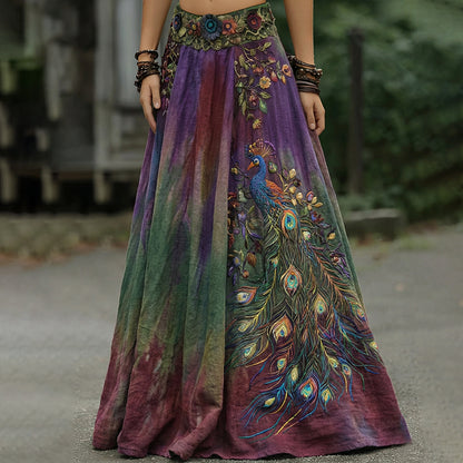 Vintage Classy Gradient Purple Peacock And Floral Embroidered Art Linen Blend Casual Skirt