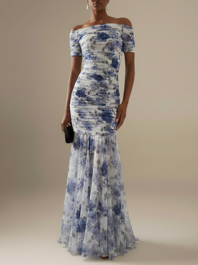 Blue Floral Gathered Tulle Off The Shoulder Short Sleeve Mermaid Floor-length Gown Dress