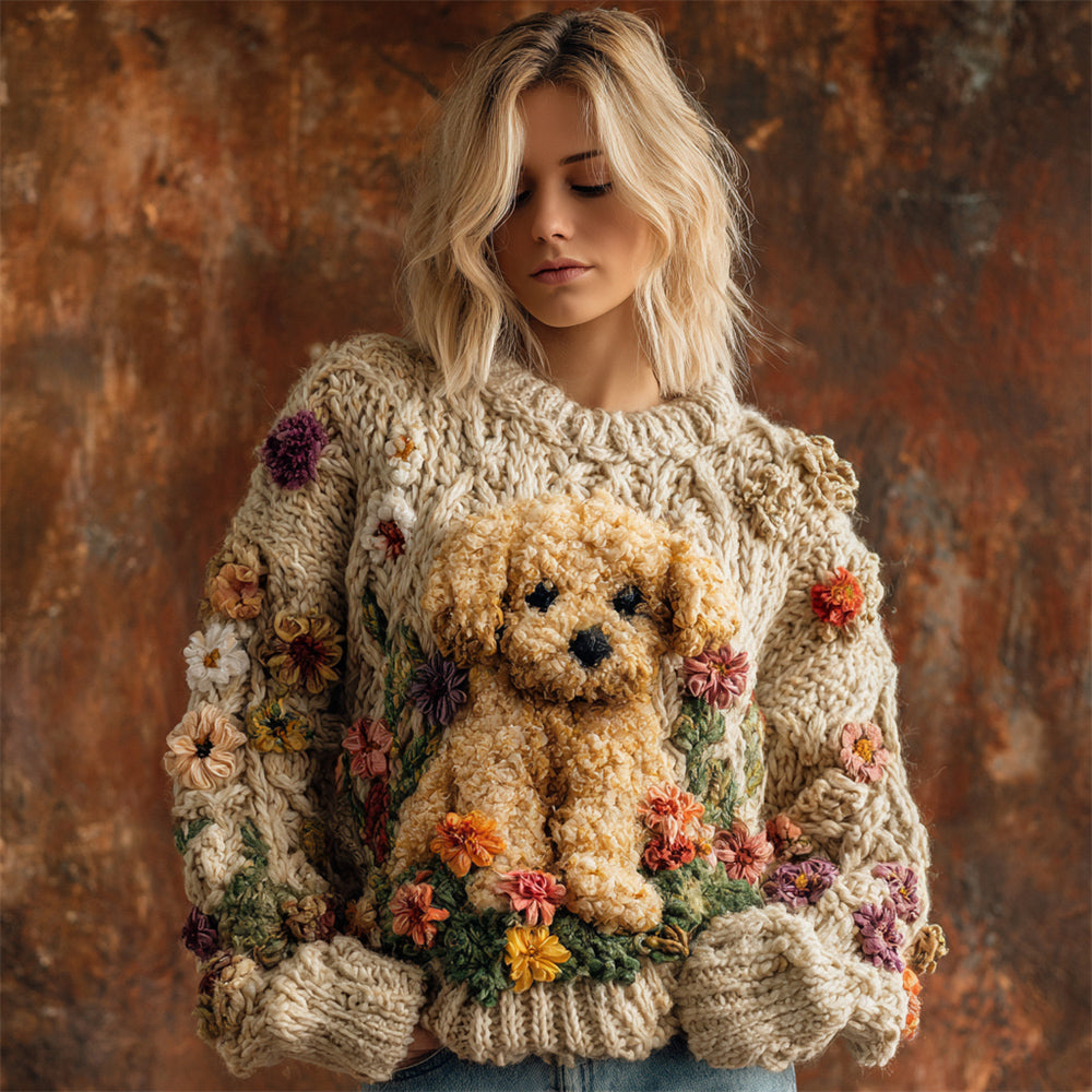 Plush Puppy & Flower Women's Chunky Knit Twist Crew Neck Sweater