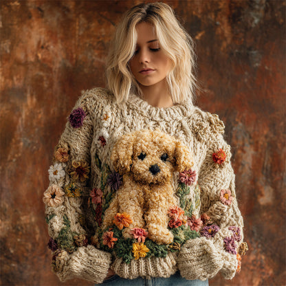Plush Puppy & Flower Women's Chunky Knit Twist Crew Neck Sweater