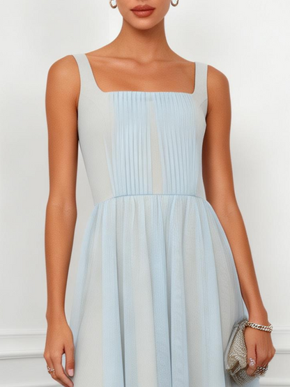 Light Blue Ruched Classic Square Neck Sleeveless A-Line Midi Dress