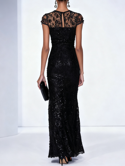 Black 3D Floral Lace Sequin Crew Neck Short Sleeve Sheath Maxi Dress