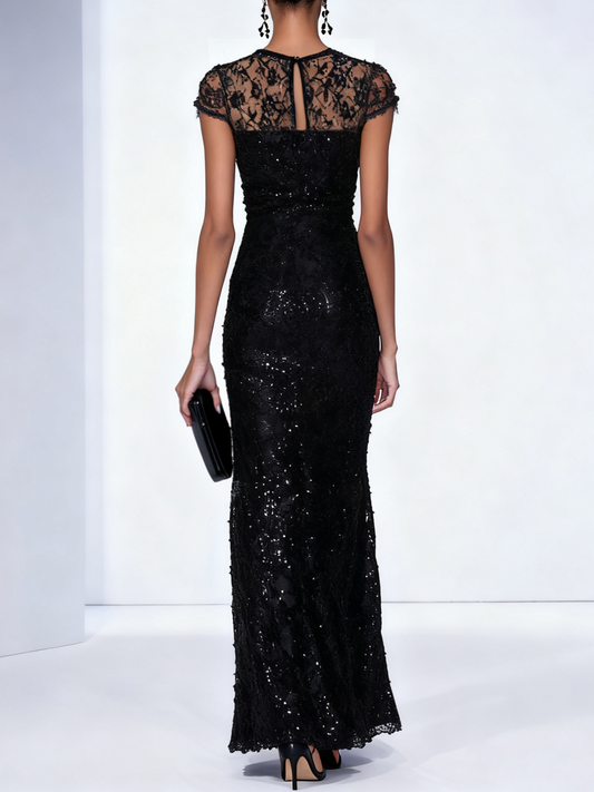 Black 3D Floral Lace Sequin Crew Neck Short Sleeve Sheath Maxi Dress