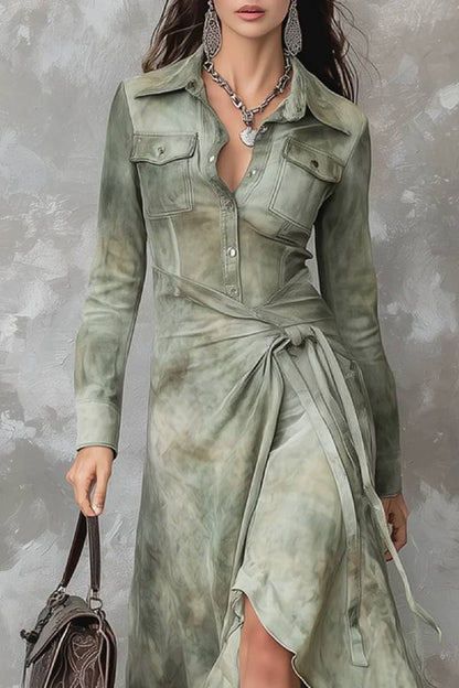 Vintage Sage Green Tie-Dye Pocket Slim Maxi Dress