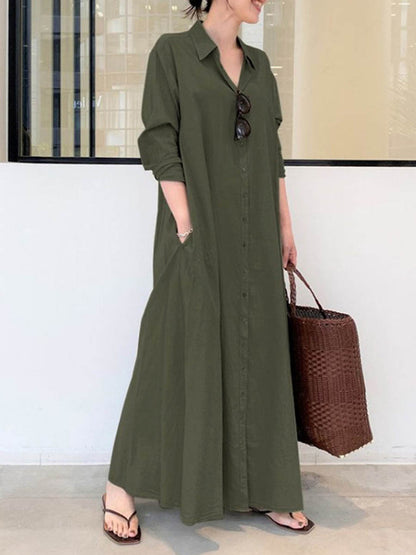 Women's Solid Color Casual Loose Elegant V-Neck Cotton And Linen Pocket Shirt Dress