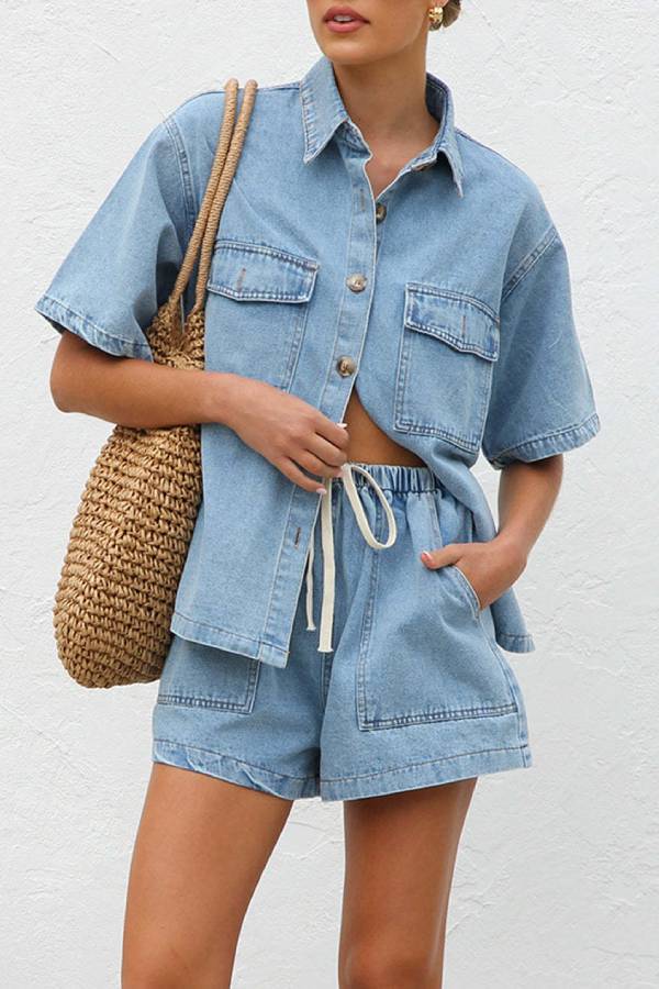Loose-fitting Workwear Style Short-Sleeved Shirt and Shorts Set