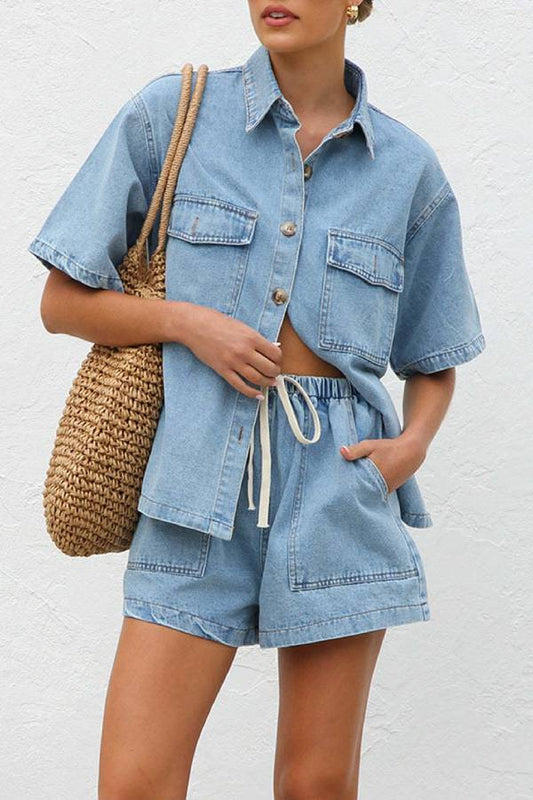 Loose-fitting Workwear Style Short-Sleeved Shirt and Shorts Set