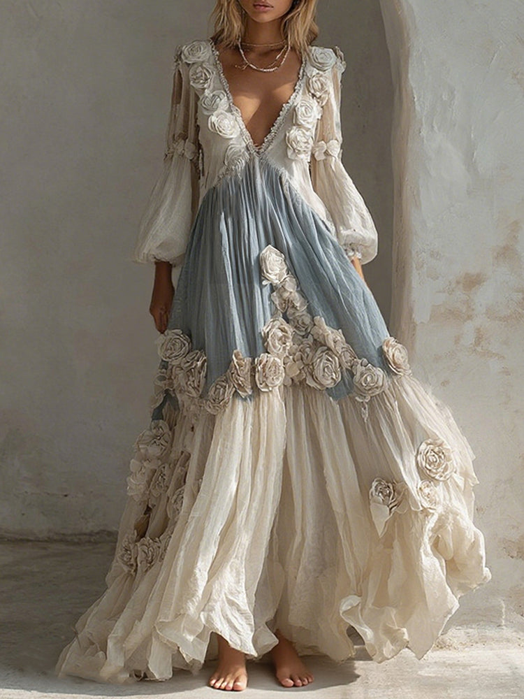 Women's Vintage White Rose Pattern Linen Long Sleeve Dress