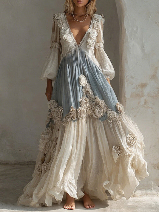 Women's Vintage White Rose Pattern Linen Long Sleeve Dress