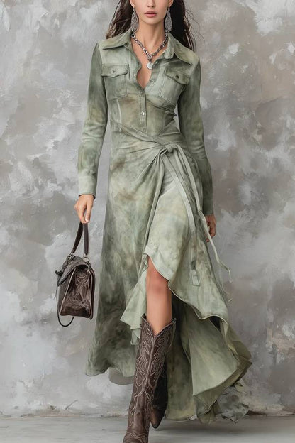 Vintage Sage Green Tie-Dye Pocket Slim Maxi Dress
