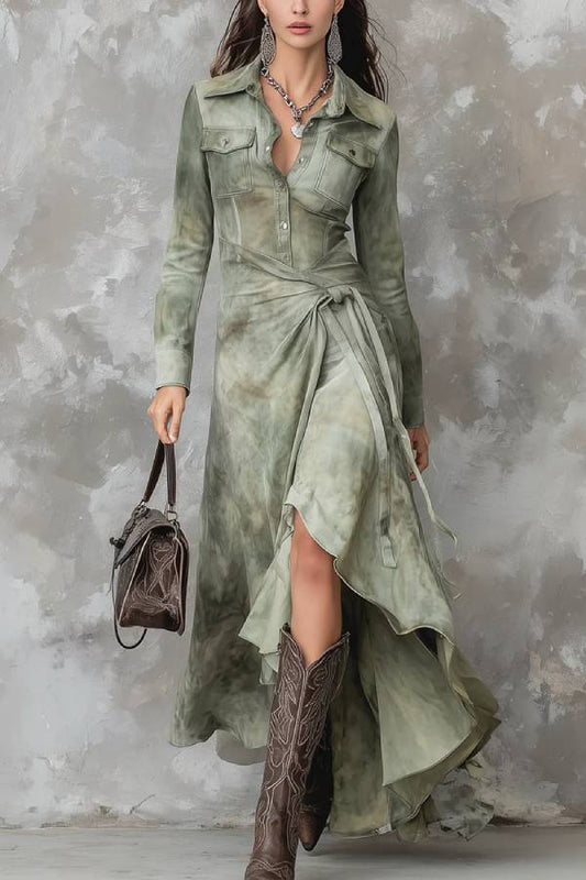 Vintage Sage Green Tie-Dye Pocket Slim Maxi Dress