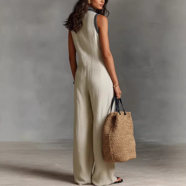 Linen Sleeveless Jumpsuit With Embroidered V-Neck And Wide Leg Design For Women