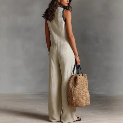Linen Sleeveless Jumpsuit With Embroidered V-Neck And Wide Leg Design For Women