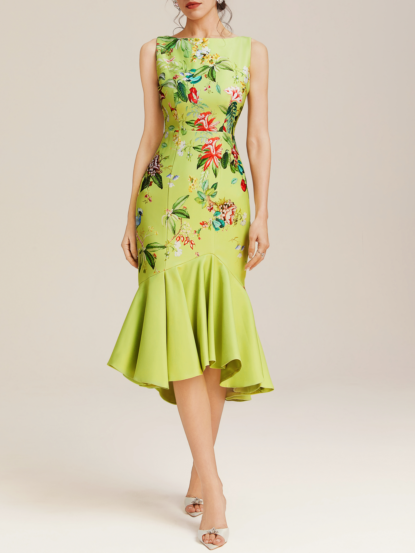 Green Floral Boat Neck Sleeveless Mermaid Midi Dress