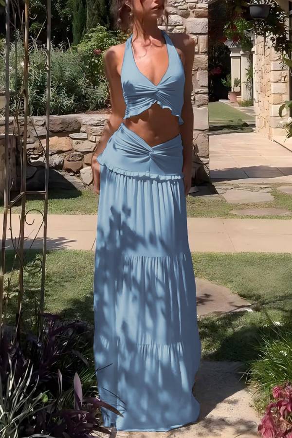 Halter Neck Twist Knot Crop Top + High-Waisted Layered Long Skirt Set