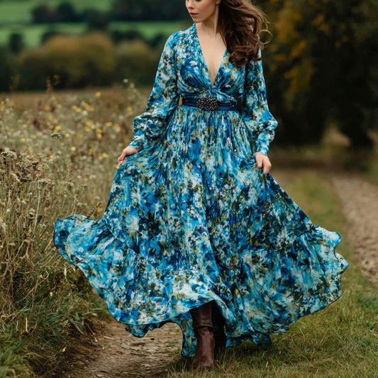 Blue Floral Print Chiffon Maxi Dress With Deep V-Neck And Belted Waist For Women