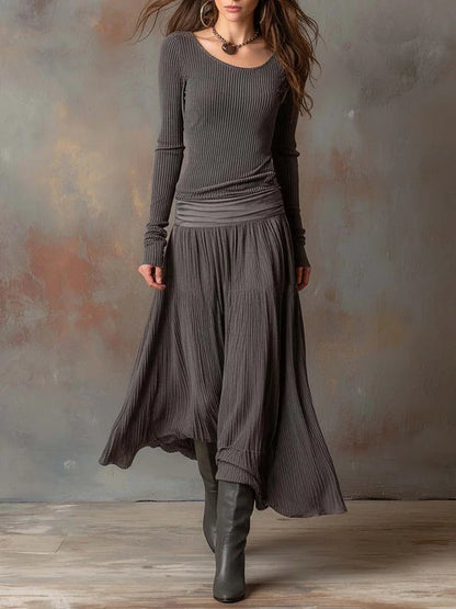 Retro grey ribbed stretch slim-fit dress