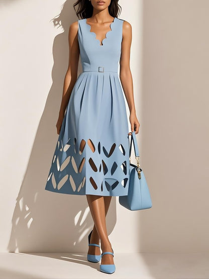 Black Hollow Out Classic V Neck Sleeveless A-Line Midi Dress With Pockets