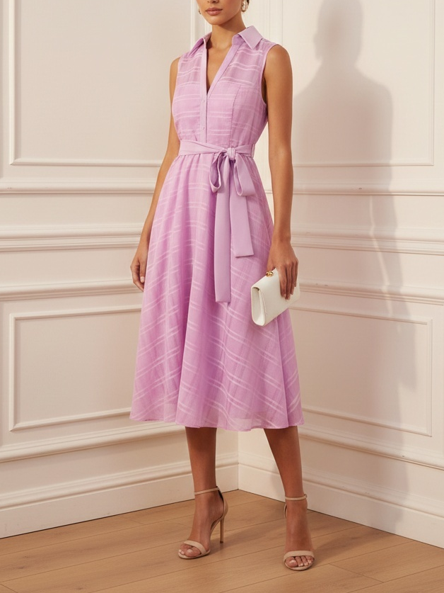 Lavender Purple Shirt Dress Shirt Collar Sleeveless A-Line Midi Dress