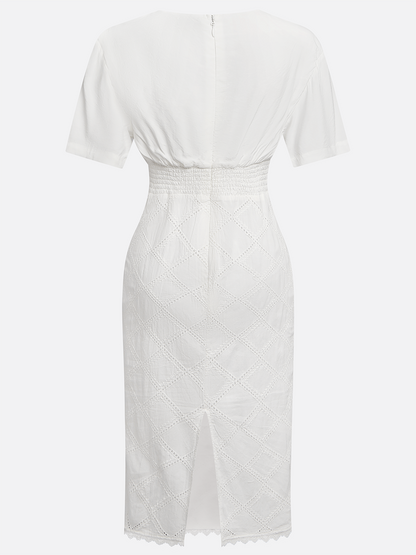 White Hollow Out Plaid Classic V Neck Short Sleeve Sheath Midi Dress