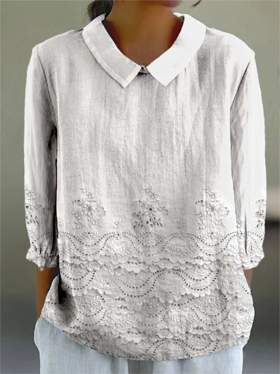 Women's Vintage Floral Pattern Art Print Casual Cotton And Linen 3/4 Sleeve Shirt